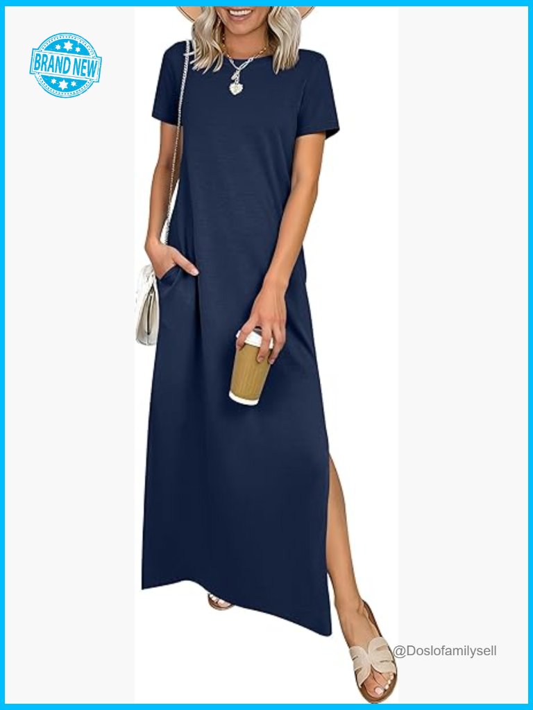 Short Sleeve Maxi Dress Split Hem Wrinkle Free Travel Vacation Sundress